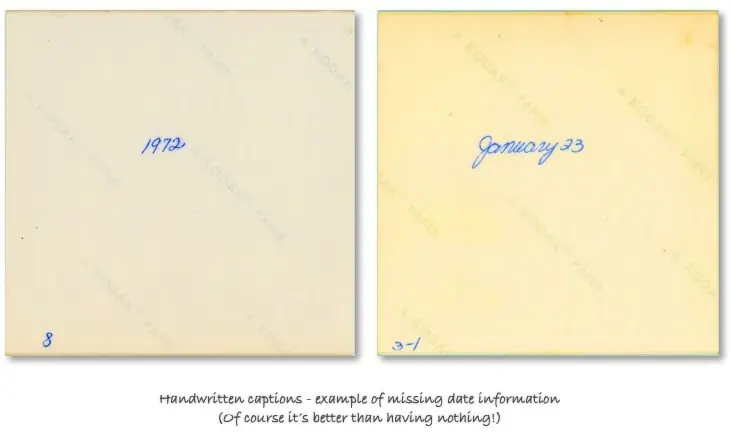 The back of two scanned photos showing handwritten shoot date information - "1972" and "January 23"