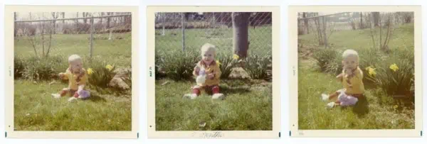 3 very similar photos of a boy sitting in the grass from a photo shoot