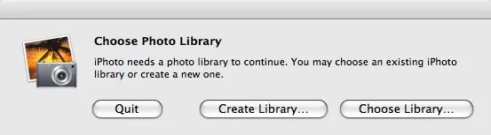 iPhoto "Choose Photo Library" window that asks you to "quit", "Create Library" or "Choose Library"