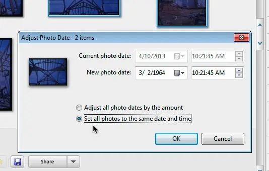 Window to change the date and time for multiple photos in Picasa