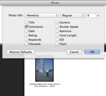 Settings to print out captions using iPhoto and printing contact sheets