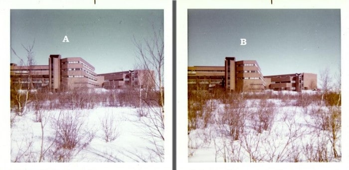 These 2 photos were taken by a student photographer for possible use in the college yearbook. Photo ‘A’ shows a little more of the school building but has some trees obstructing the view. Photo ‘B’ cuts a bit off the left side of the structure but has fewer obstructing trees in the shot. Factors such as this should be considered when deciding which image to scan for your archives.