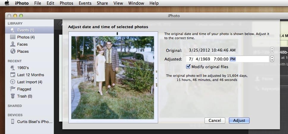 adjust date and time window in iPhoto