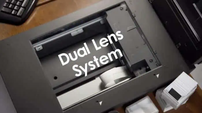 Epson V800 V850 flatbed scanner lid open showing dual lens system inside